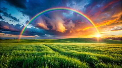 Obraz premium Vibrant Rainbow Arch Over Lush Green Field, High Depth of Field