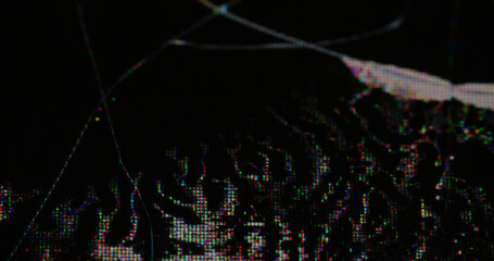 Cracked screen. Matrix deformation. Black liquid blur air bubbles under grainy screen surface....