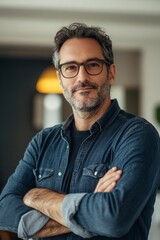 Man in glasses crosses arms and poses for a photo in a modern office