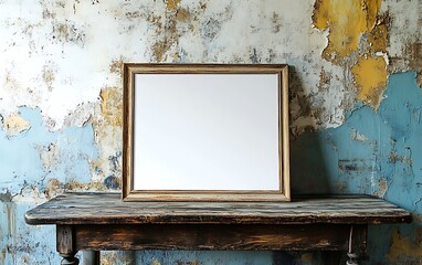 Blank frame on rustic table against weathered wall, ideal for mockups.
