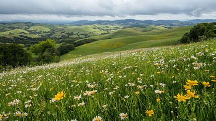 Obraz premium scenic view of rolling hills covered wildflowers, showcasing vibrant yellow and white blooms against backdrop of lush green landscapes. cloudy sky adds dramatic touch to this picturesque setting