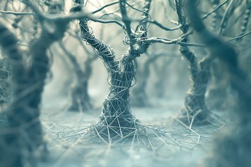 Naklejka premium Closeup of a miniature forest scene featuring intricately twisted wire trees. A hazy, ethereal atmosphere pervades the image, creating a mystical and slightly unsettling mood. The detail in the wire w