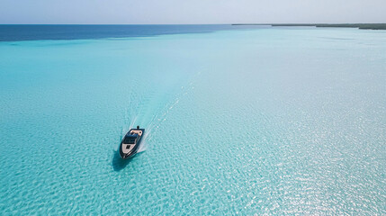 Naklejka premium sleek speedboat gliding through crystal clear waters, surrounded by serene blue hues and tranquil seascape. perfect escape into nature beauty