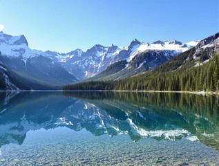 Naklejka premium Stunning Mountain Lake Reflection: Serenity in the Canadian Rockies