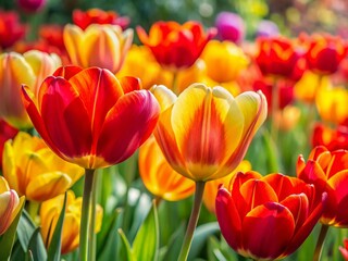 Obraz premium Vibrant Red and Yellow Tulips Blooming in Spring Garden
