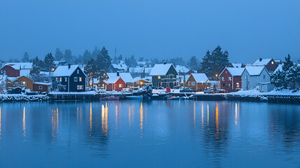 Snowy waterfront village at twilight, colorful houses, calm water reflections.