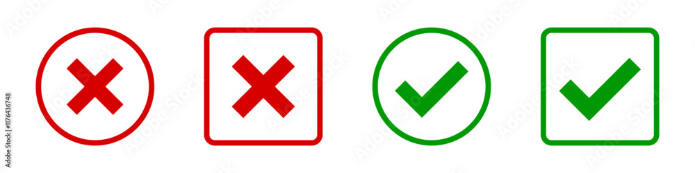 Aufkleber check mark icon button set. check box icon with right and wrong buttons and yes or no checkmark icons in green tick box and red cross. vector illustration