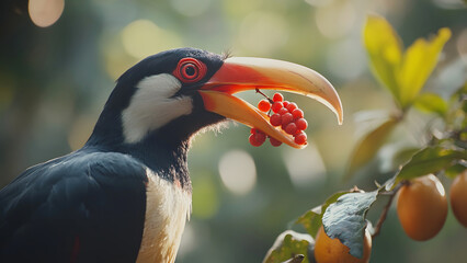 Fototapeta premium hornbill bird eating red berry