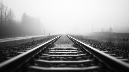Fototapeta premium A foggy railway track stretching into the distance, evoking a sense of solitude and mystery.