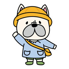 通園帽子と通園バッグを持っているフレンチブルドッグ