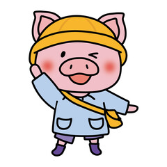 通園帽子と通園バッグを持っているぶた