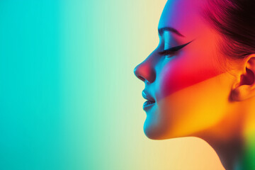 Woman with raibow color on face. Generative Ai. LGBTQ transgender symbol and rainbow background.
