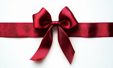 A stunning red satin ribbon bow on a white background, perfect for gift wrapping, birthday or Christmas decorations, and promotional materials.