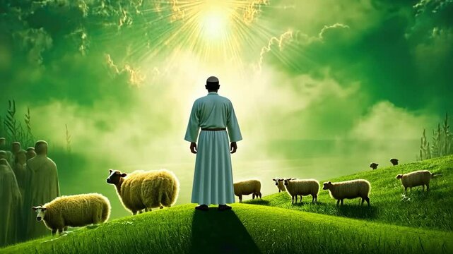 Biblical scene of jesus standing amidst disciples under glorious sky