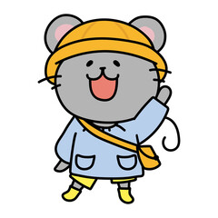 通園帽子と通園バッグを持っているネズミ