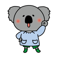 ガッツポーズをしているスモックを着たコアラ