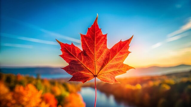 Vibrant Red Maple Leaf, Autumn in Canada - Drone Aerial View