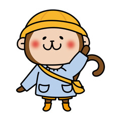 通園帽子と通園バッグを持っている猿