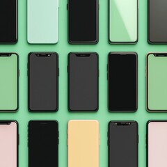 Minimalist Arrangement of Smartphones on a Green Background