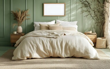 Cozy sage green bedroom interior with linen bedding, natural d?cor, morning sunlight.