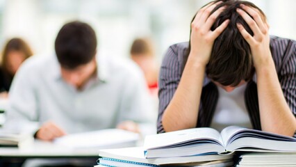 Exam Stress Blur: A student stressed over exams with a blurred background
