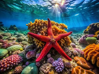 Vibrant Red Starfish on Vivid Coral Reef Panoramic - Underwater Ocean Scene
