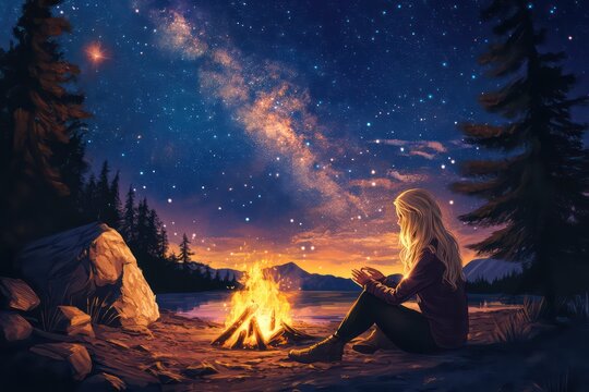 A cozy camping scene with a blonde woman warming her hands near the flames, as the Milky Way stretches across the heavens.
