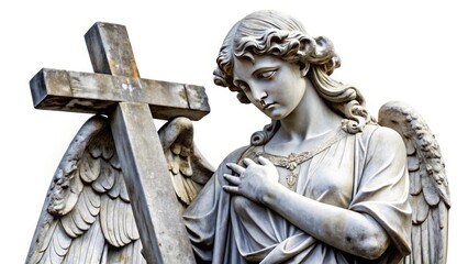 Obraz premium A sorrowful angel statue, Christian cross, embodies faith's struggle against death, seeking immortality.