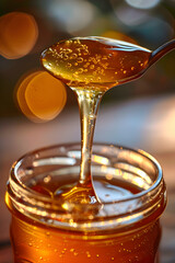 Glistening Flow of Golden Honey into a Clear Jar - Capturing the Purity and Sweetness of Natural Honey
