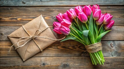 Fototapeta premium A Valentine's Day delight: pink tulips in a handcrafted envelope; beautiful floral photography captures the romantic scene.