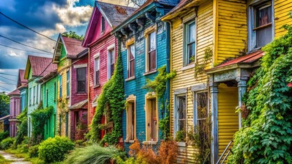 Fototapeta premium Vibrant Row Houses, Urban Exploration Photography, Colorful Buildings, Cityscape, Architectural Detail