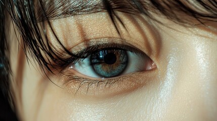 A close-up of a woman's eye with long eyelashes and dark eyeshadow.