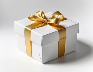 Obraz premium Elegant White Gift Box with Gold Ribbon Bow: Perfect for Holiday, Birthday, or Anniversary Presents
