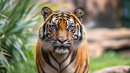 Fototapeta premium A majestic tiger with piercing orange and black fur stares out from a dense forest, its gaze both captivating and intimidating.