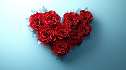 Beautiful Red Roses Arranged in Heart Shape on Blue Background for Valentines Day Celebration