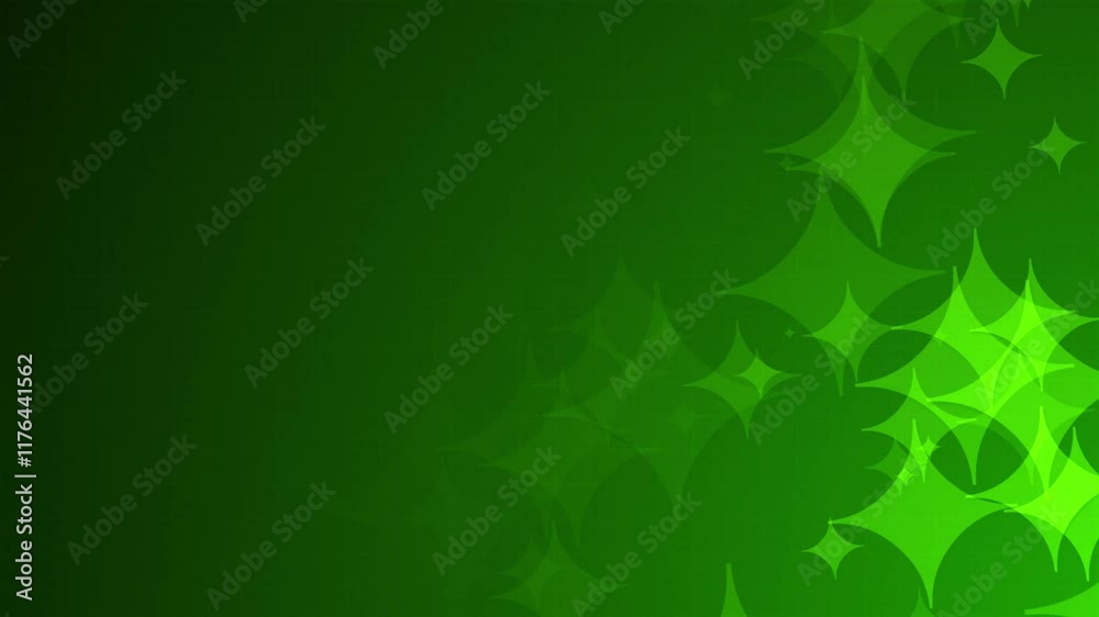 Poster green starburst four point shapes are moving from the bottom right of a gradient grid abstract backg