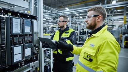 Two Engineers in Safety Gear Collaborate on Industrial Control Panel in Modern Manufacturing Facility, Focusing on High-Tech Equipment and Data Management Solutions