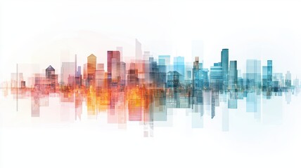 A vibrant, abstract city skyline featuring layered hues of blue, orange, and white, representing modern architecture and urban life.