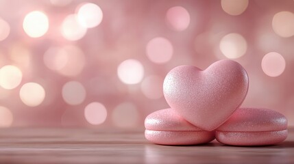 Obraz premium Pink Heart Shaped Decoration and Macarons Resting on a Wooden Table Against a Light Defocused Background with Soft Bokeh Effect