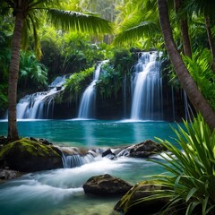 Obraz premium Peaceful Escape: Caryota Palms and Waterfall in a Lush Oasis