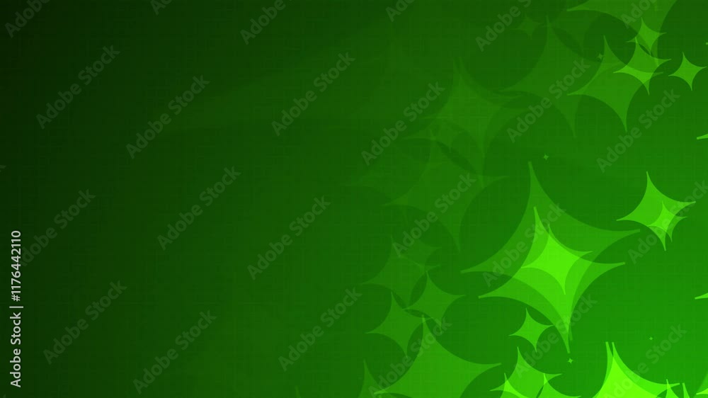 Poster green starburst four point shapes are moving from the bottom right of a gradient grid abstract backg