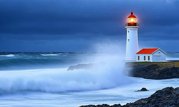 Dramatic stormy seas with a lighthouse.