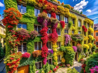 Fototapeta premium Colorful building facade, aerial view reveals a thriving urban rooftop garden teeming with vibrant plants and flowers.