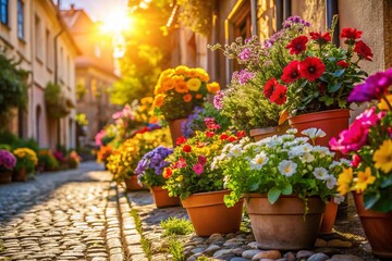 Naklejka premium Vibrant Street Flowers: Colorful Blooms in Urban Setting