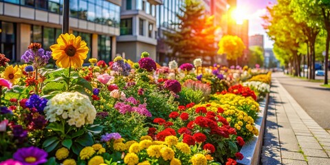 Fototapeta premium Vibrant Summer Flowerbed Cityside: Lush Blooms Near Pedestrian Walkway