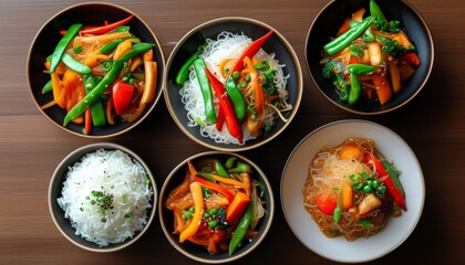 Colorful Japchae Noodle Dishes Served in Bowls with Rice and Vegetables for Dinner