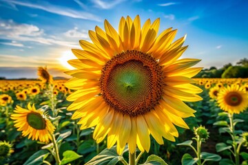 Obraz premium Vibrant Sunflower Field at Summer's Peak: Golden Blossoms Under a Blue Sky