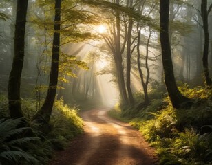 Obraz premium Sunbeams Illuminate Mystical Forest Path: Golden Hour Light, Foggy Woods, Winding Road, Autumn Leaves, Magical Nature Scene