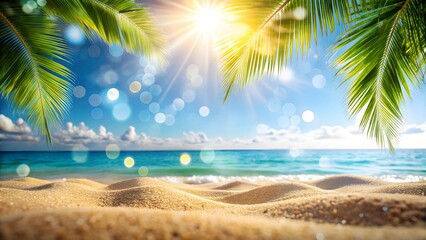 summer banner sunny sand with palm leaves in tropical beach