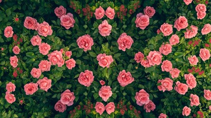 Naklejka premium A vibrant display of pink roses surrounded by lush green foliage, creating a beautiful floral pattern.